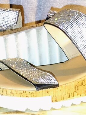 Rhinestone Cork Wedge Sandals - Silver